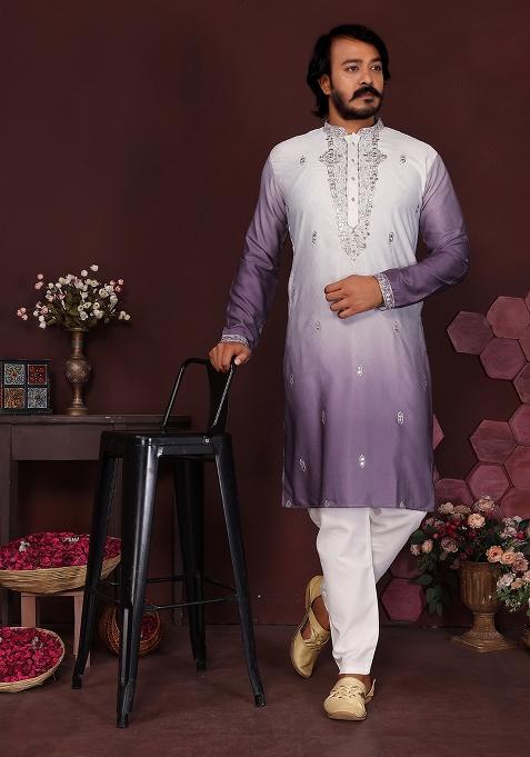 Dark Lavender Embroidered Silk Kurta Set For Men
