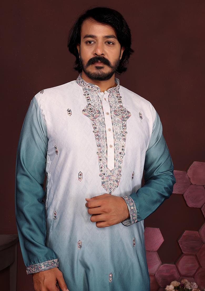 Turquoise Embroidered Silk Kurta Set For Men