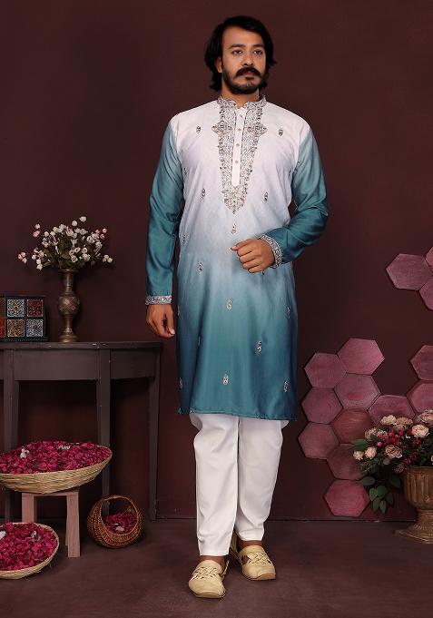 Turquoise Embroidered Silk Kurta Set For Men