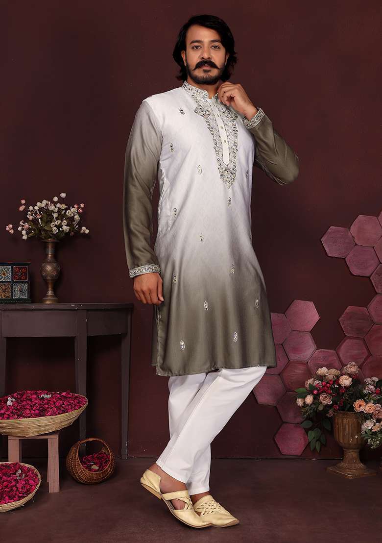 Green Embroidered Silk Kurta Set For Men - Indya
