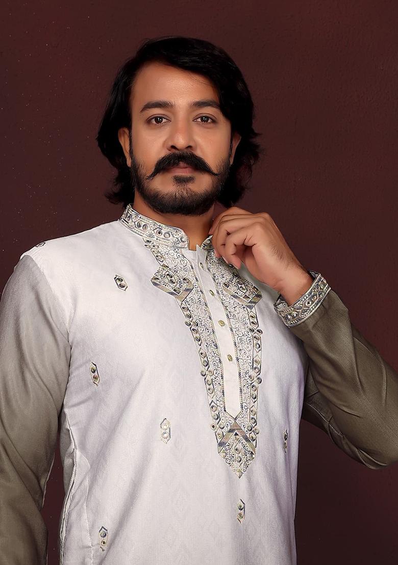 Green Embroidered Silk Kurta Set For Men