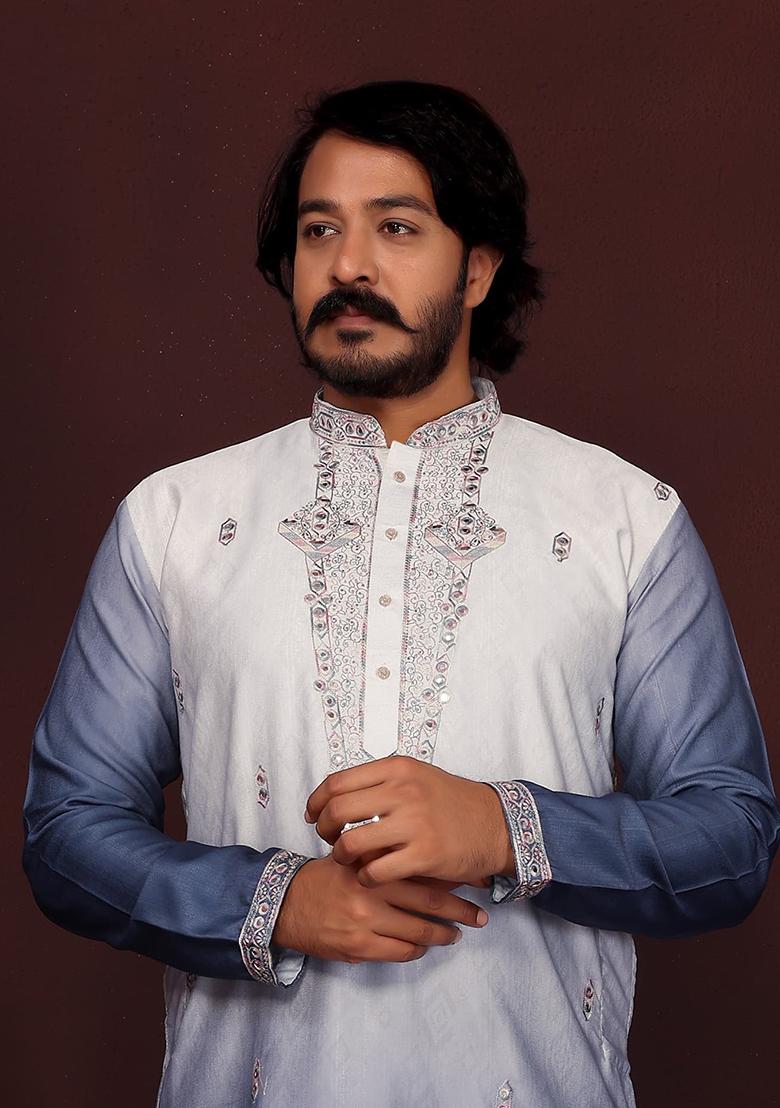 Blue Embroidered Silk Kurta Set For Men