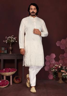 White Embroidered Silk Kurta Set For Men