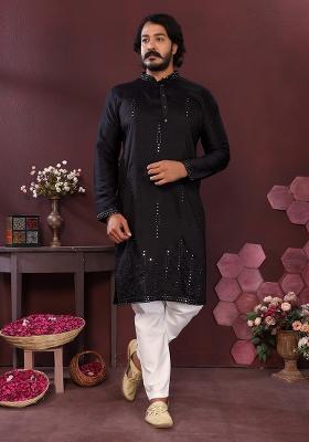 Black Embroidered Silk Kurta Set For Men