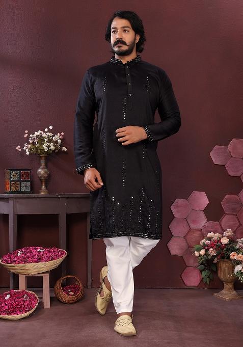 Black Embroidered Silk Kurta Set For Men