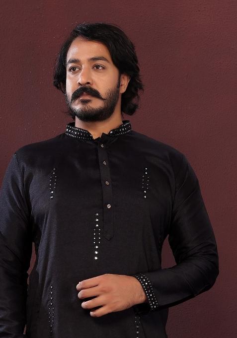 Black Embroidered Silk Kurta Set For Men