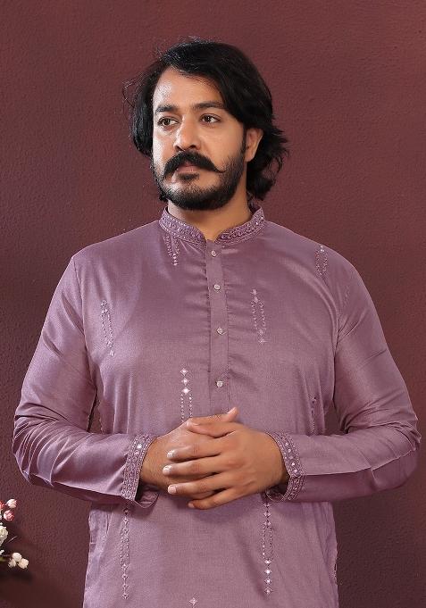 Purple Embroidered Silk Kurta Set For Men