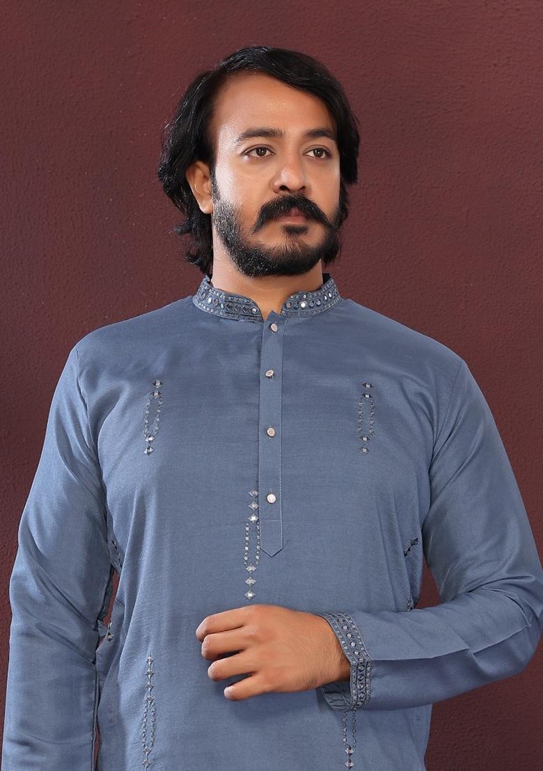 Blue Embroidered Silk Kurta Set For Men