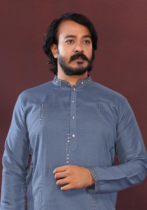 Blue Embroidered Silk Kurta Set For Men