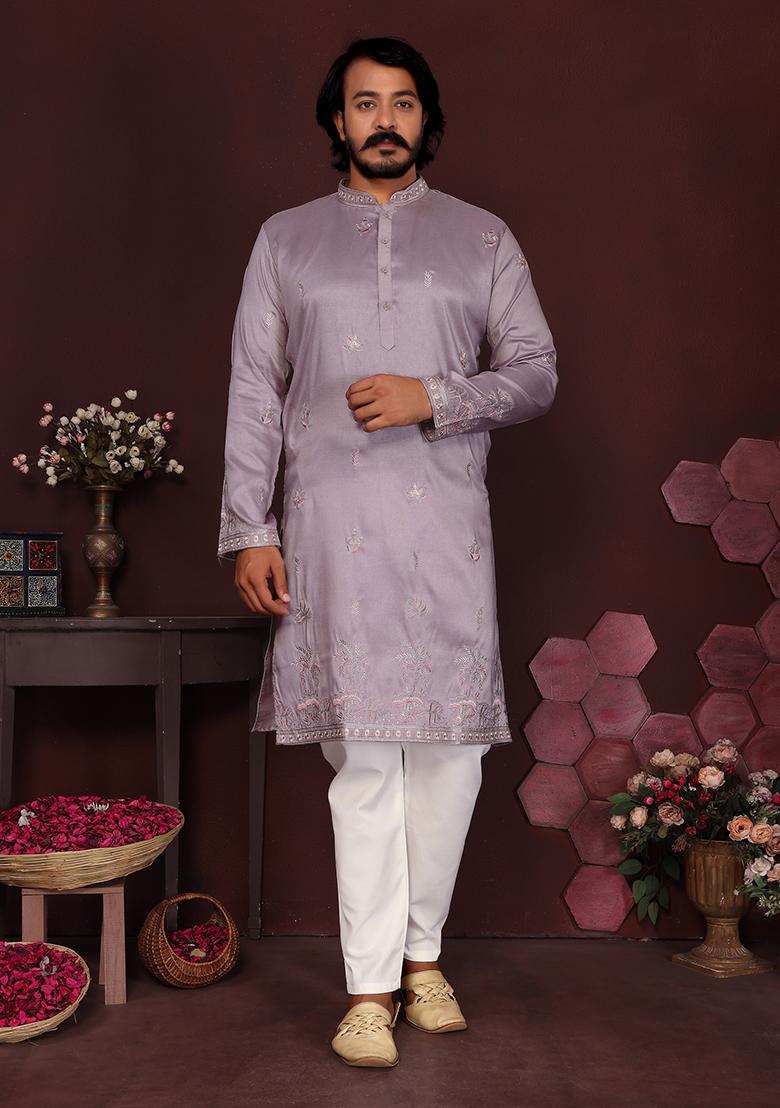 Lavender Embroidered Silk Kurta Set For Men