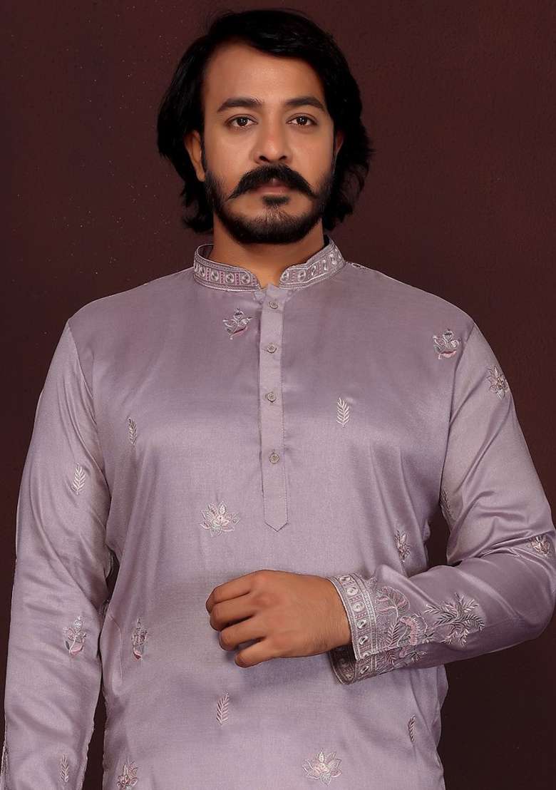 Lavender Embroidered Silk Kurta Set For Men - Indya