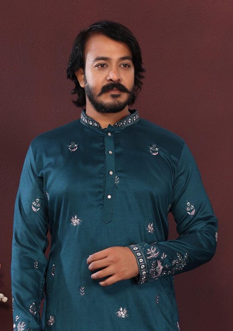 Rama Embroidered Silk Kurta Set For Men