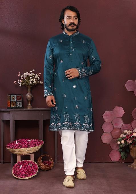 Rama Embroidered Silk Kurta Set For Men