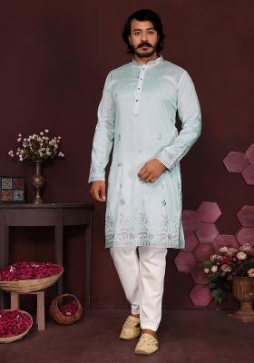 Light Blue Embroidered Silk Kurta Set For Men
