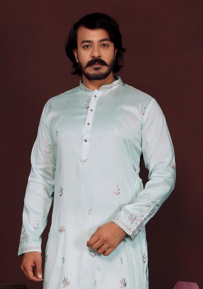 Light Blue Embroidered Silk Kurta Set For Men