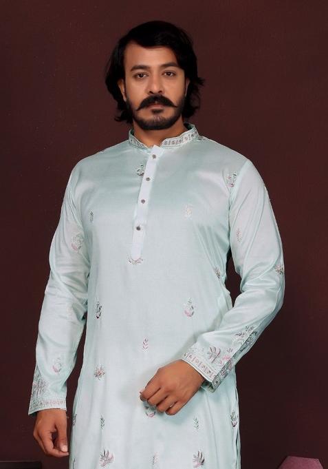 Light Blue Embroidered Silk Kurta Set For Men