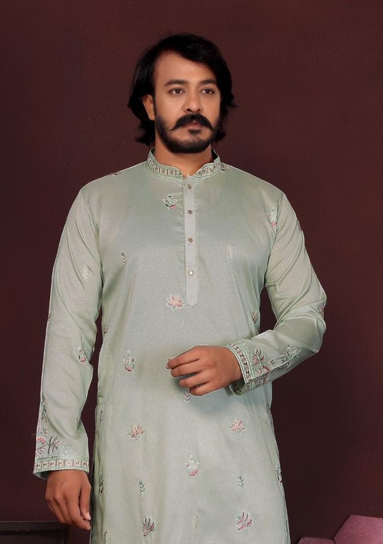 Pista Embroidered Silk Kurta Set For Men