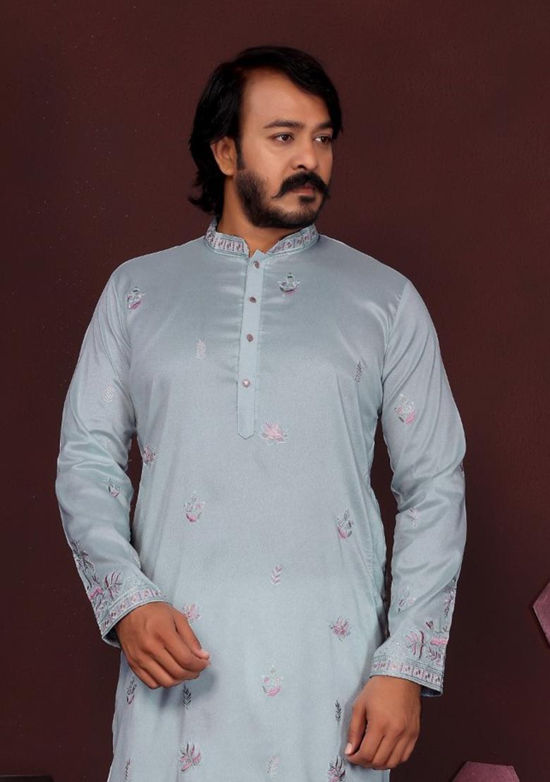 Sky Blue Embroidered Silk Kurta Set For Men