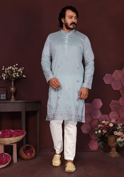 Sky Blue Embroidered Silk Kurta Set For Men