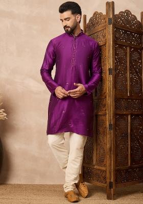 Purple Embroidered Cotton Kurta Set For Men