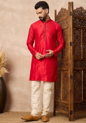 Red Embroidered Cotton Kurta Set For Men
