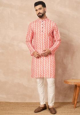 Orange Embroidered Cotton Kurta Set For Men