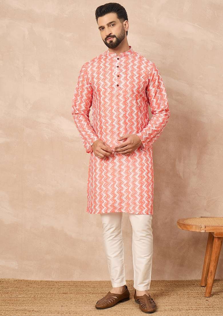 Orange Embroidered Cotton Kurta Set For Men - Indya