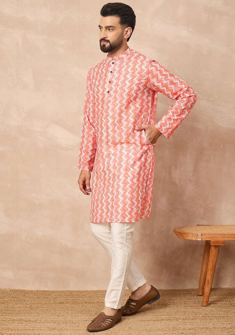 Orange Embroidered Cotton Kurta Set For Men - Indya
