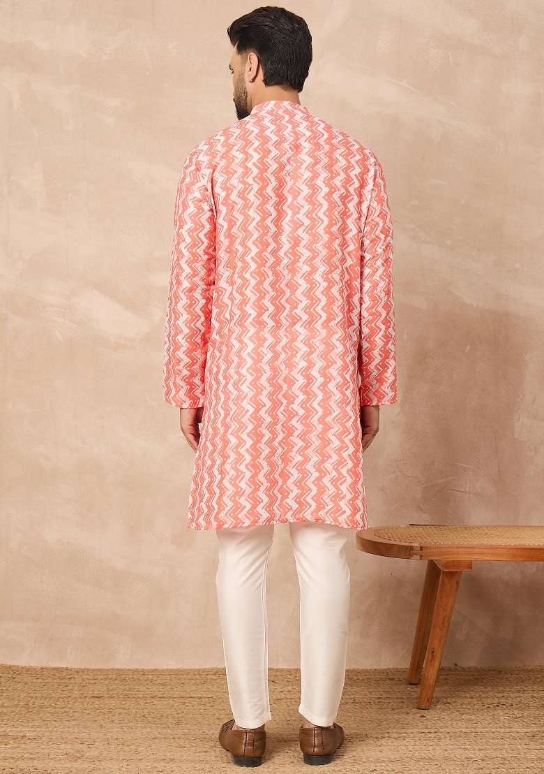 Orange Embroidered Cotton Kurta Set For Men - Indya