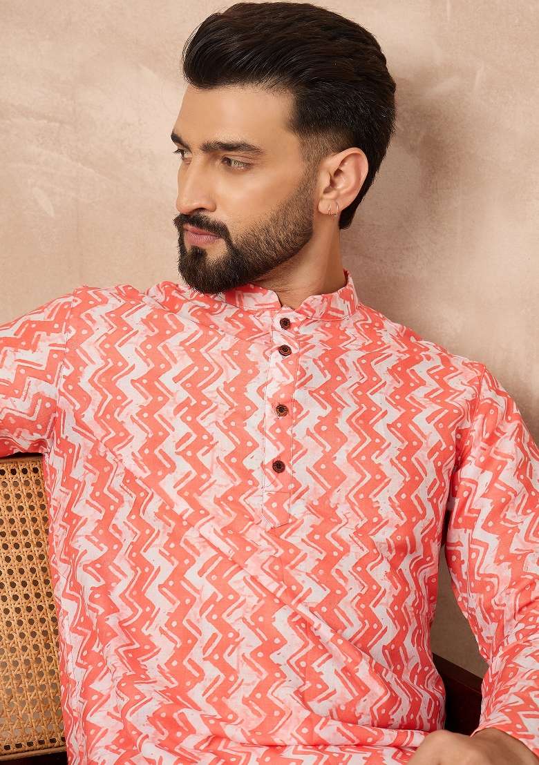 Orange Embroidered Cotton Kurta Set For Men - Indya