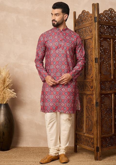Red Embroidered Cotton Kurta Set For Men
