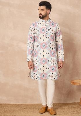 White Embroidered Cotton Kurta Set For Men