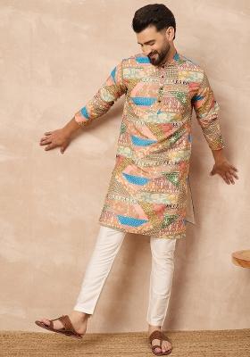 Beige Embroidered Cotton Kurta Set For Men