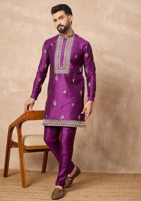 Purple Embroidered Cotton Kurta Set For Men