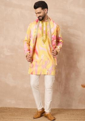 Yellow Embroidered Cotton Kurta Set For Men