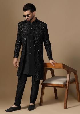 Black Embroidered Silk Sherwani Set For Men