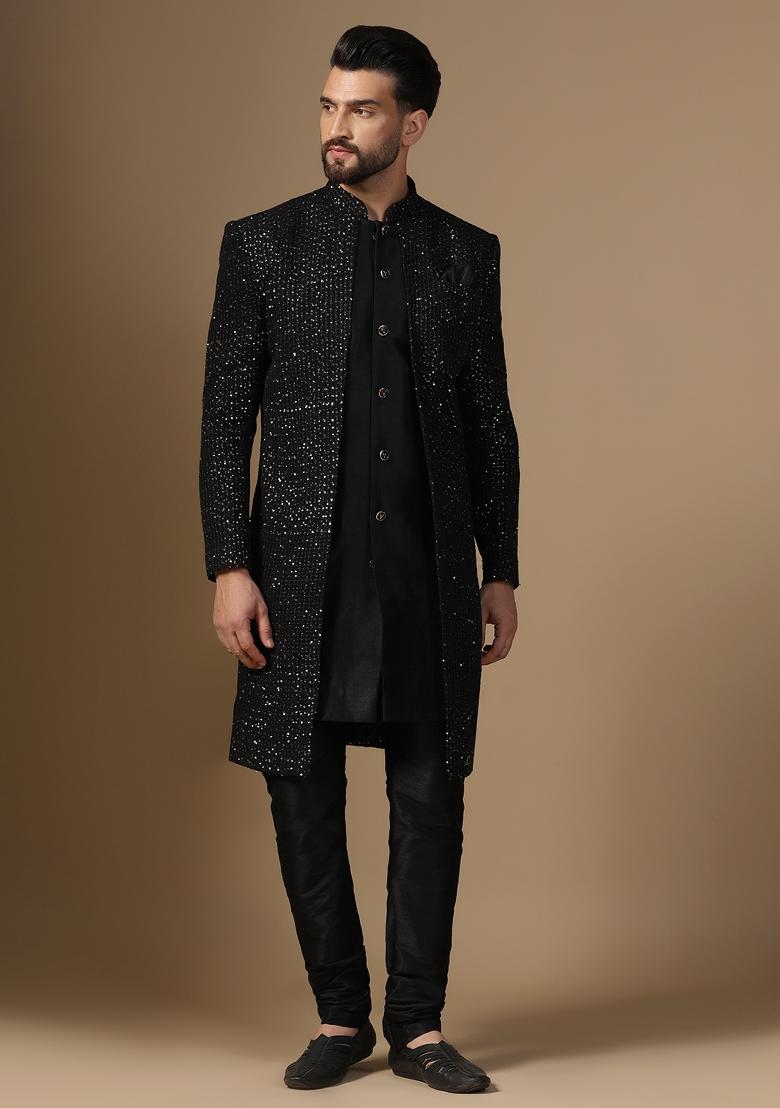 Black Embroidered Silk Sherwani Set For Men