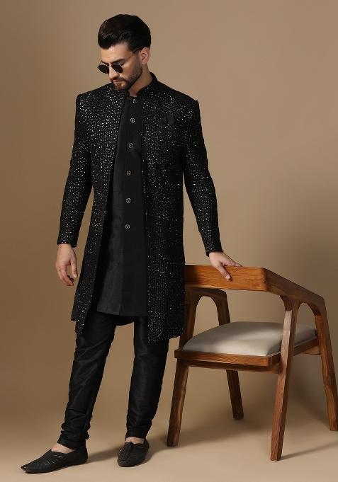 Black Embroidered Silk Sherwani Set For Men