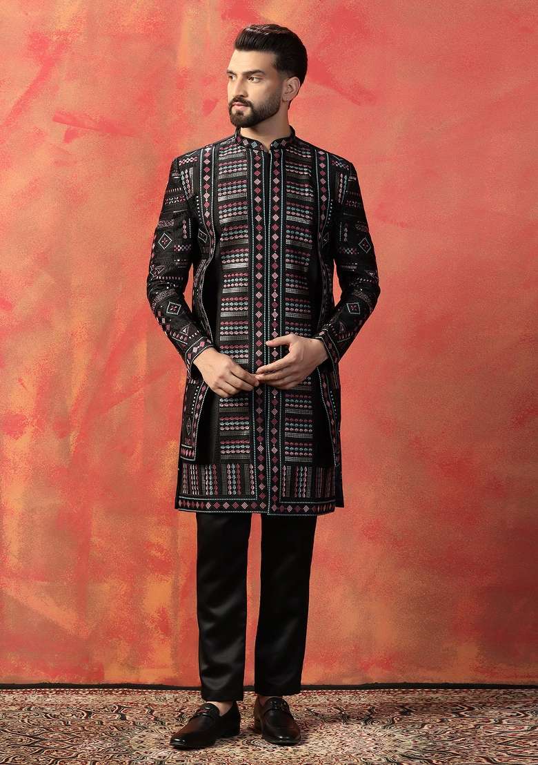 Black Embroidered Silk Sherwani Set For Men - Indya