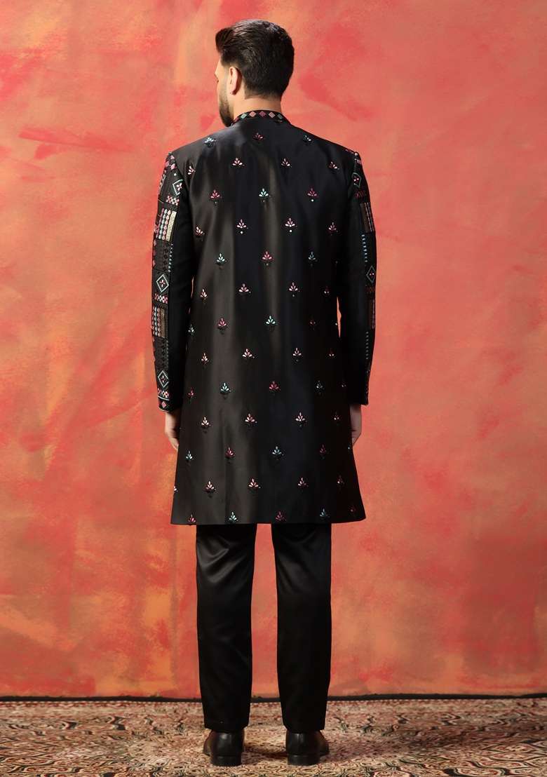 Black Embroidered Silk Sherwani Set For Men - Indya