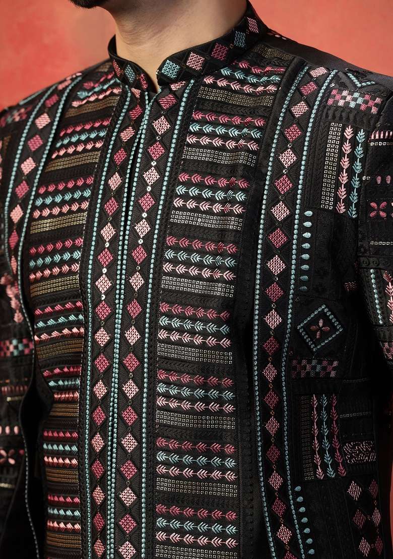 Black Embroidered Silk Sherwani Set For Men - Indya