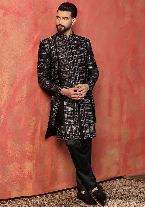 Black Embroidered Silk Sherwani Set For Men