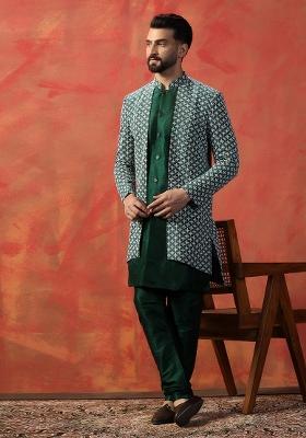 Green Embroidered Silk Sherwani Set For Men