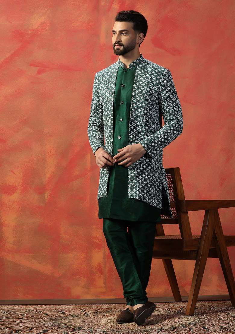 Green Embroidered Silk Sherwani Set For Men - Indya