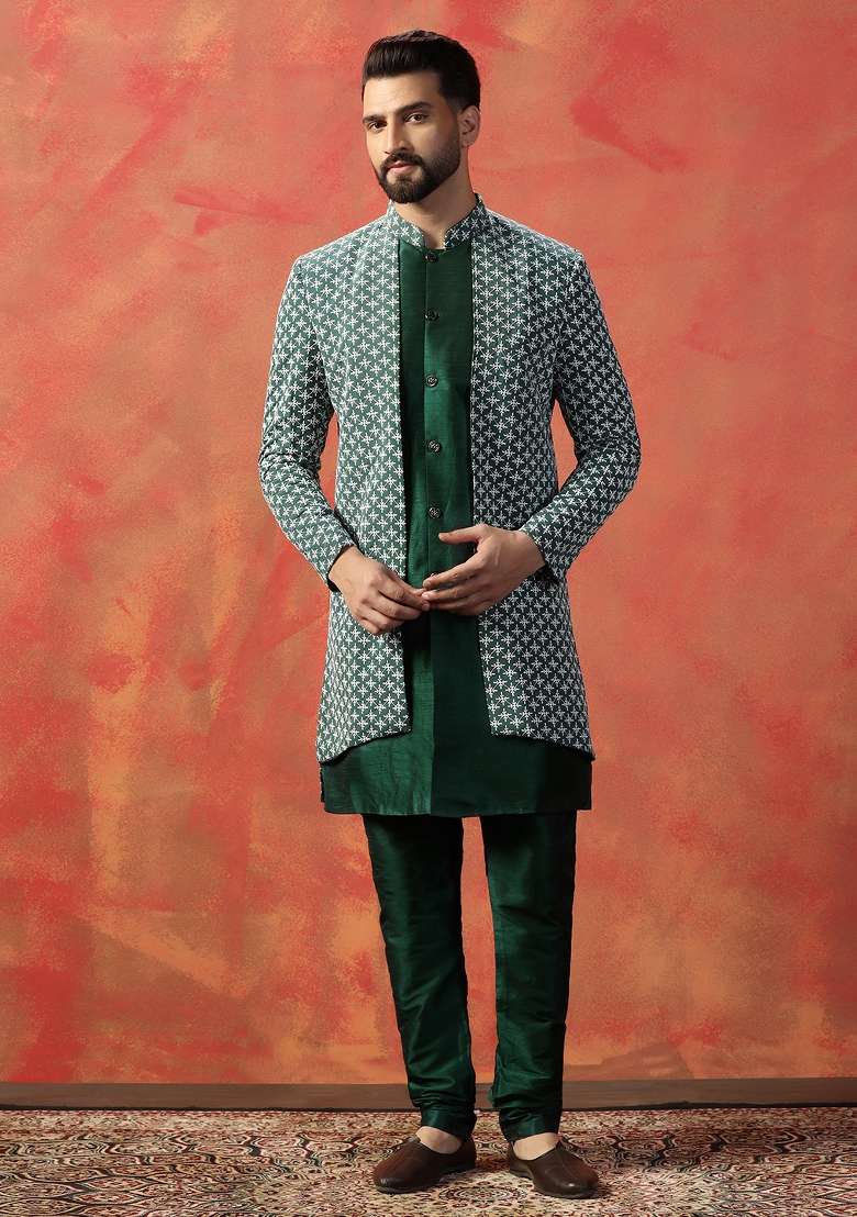 Green Embroidered Silk Sherwani Set For Men - Indya