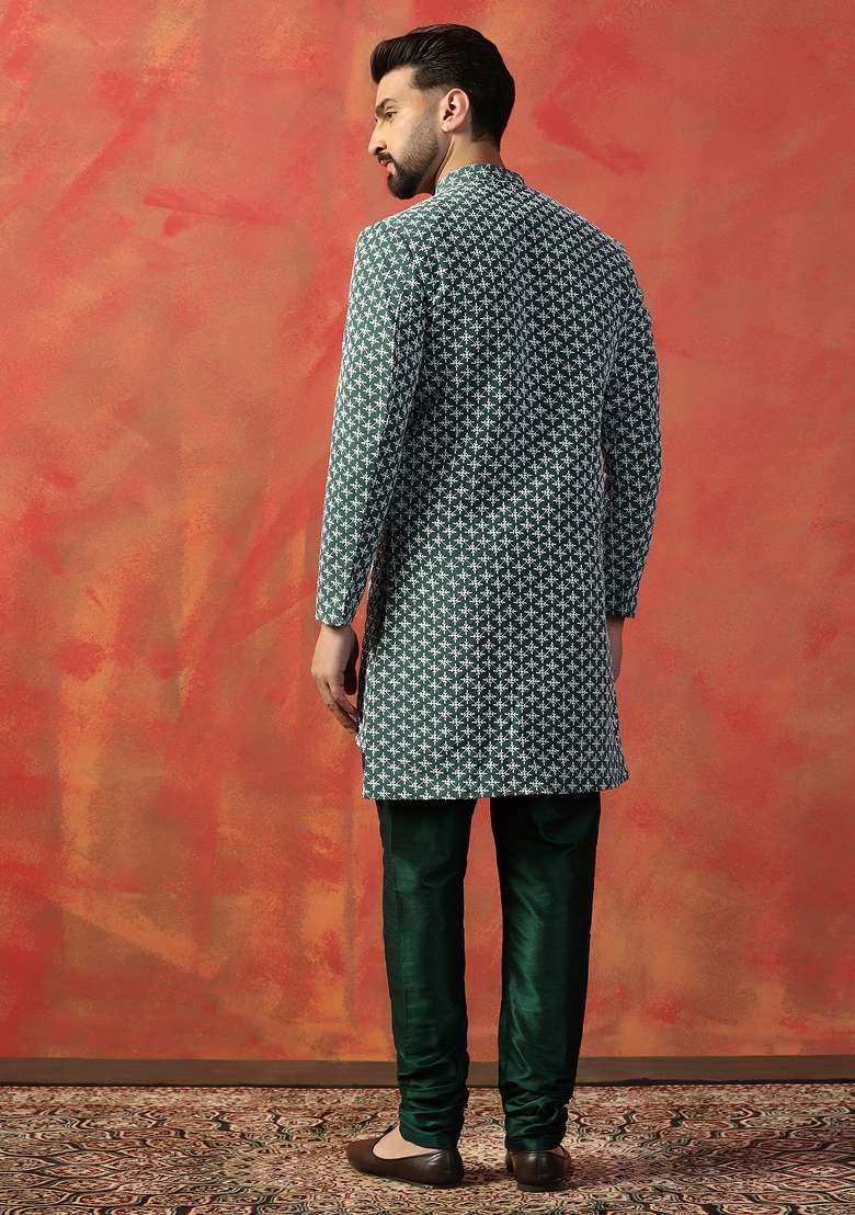 Green Embroidered Silk Sherwani Set For Men - Indya