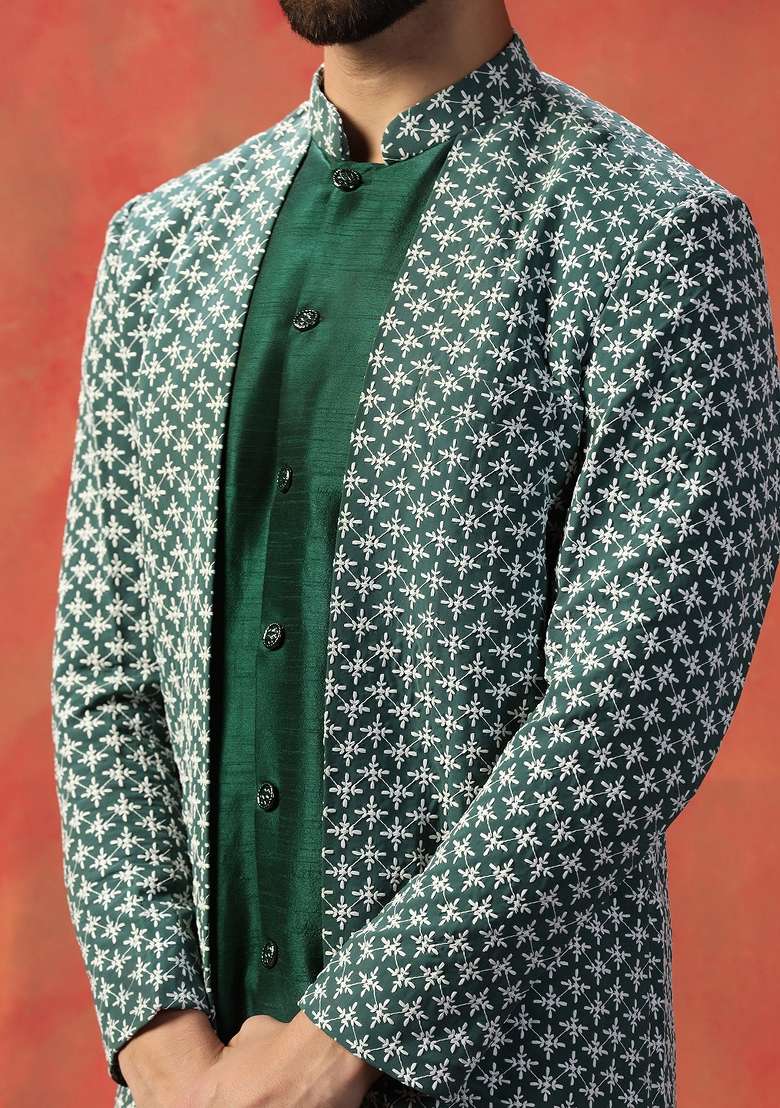 Green Embroidered Silk Sherwani Set For Men - Indya