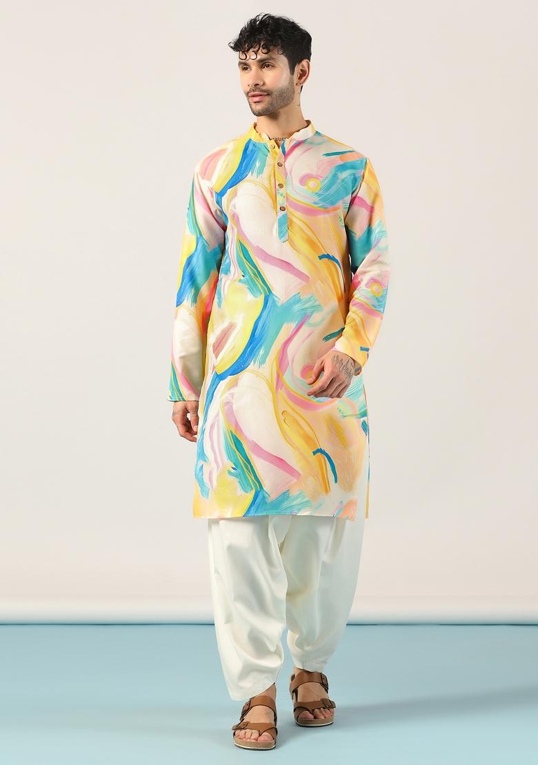 Multi Embroidered Cotton Kurta Set For Men