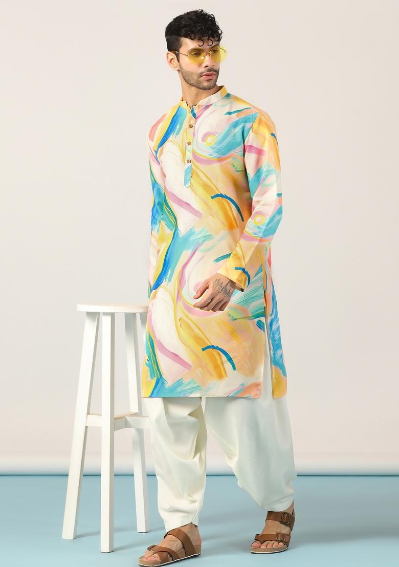 Multi Embroidered Cotton Kurta Set For Men