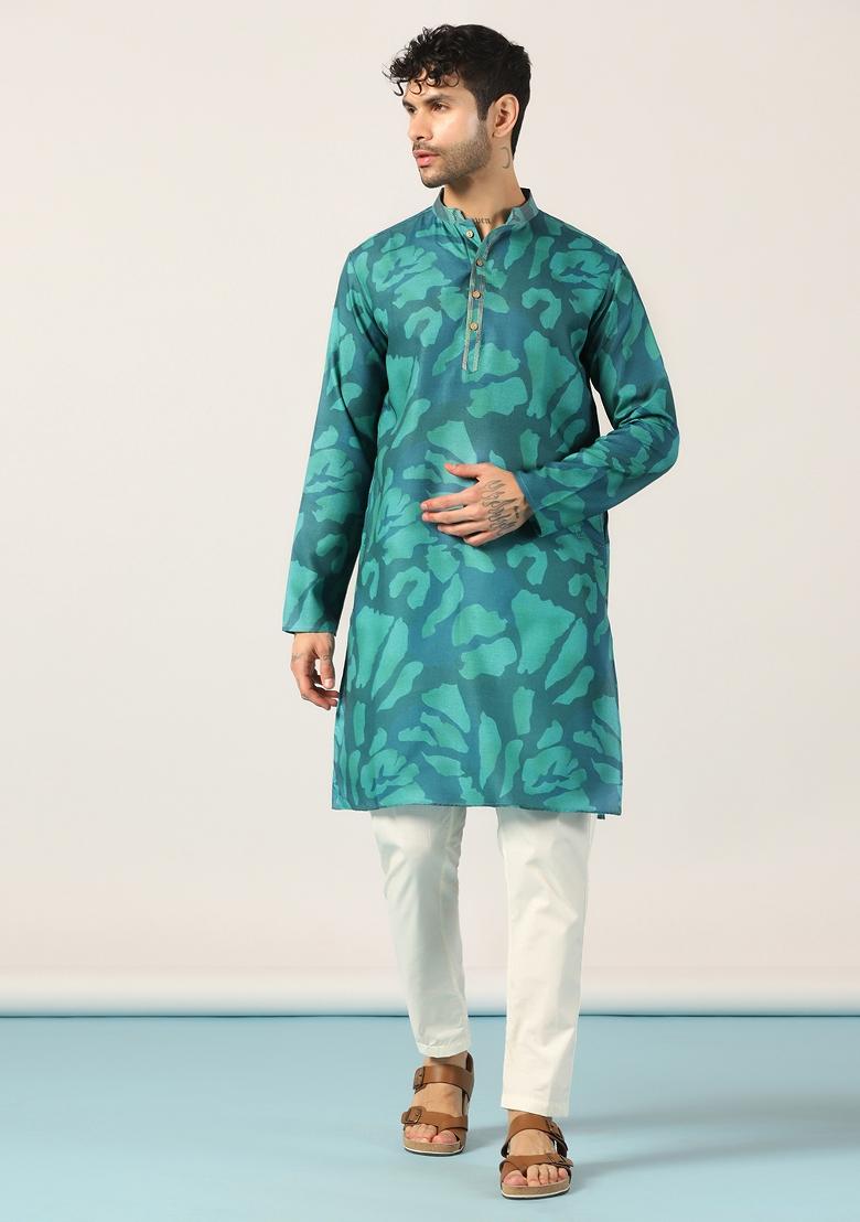 Green Embroidered Cotton Kurta Set For Men